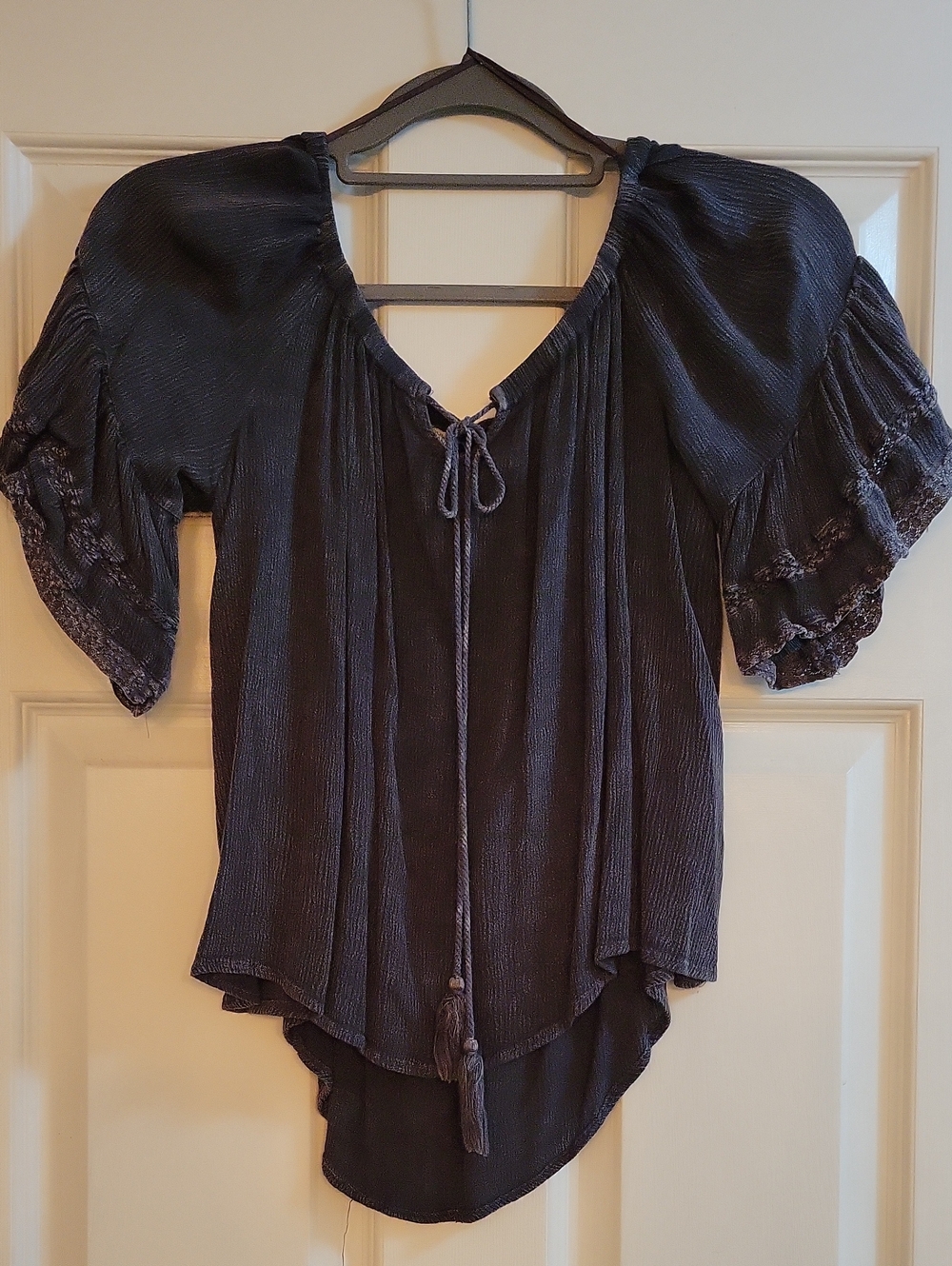 Paper Crane Dark Charcoal Tie-Front Peasant Blouse